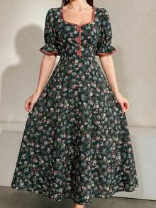 Modelyn Đầm maxi dài tay phồng họa tiết hoa dành cho nữ, phối viền tương phản, thích hợp cho buổi tối. - Màu xanh lá cây đậm - Xem 7