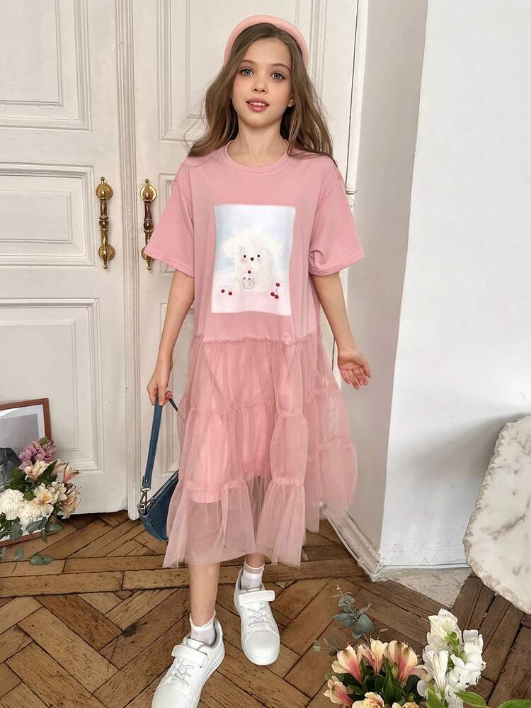 Girls' Round Neck Knit Printed Contrast Mesh Short Sleeve Dress, Fall Outfit Summer