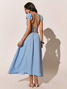 Poéselle 法式蓝纯色泡泡袖露背连衣裙，夏季时尚 - 藍色 - 查看 7