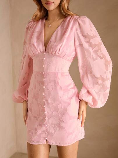 Enchnt Spring/Summer Romantic Women's Pink Jacquard Lantern Sleeve V-Neck Mini Dress,Sweet&Elegant For Vacation&Date&Holiday&Going Out,Spring Outfit Women