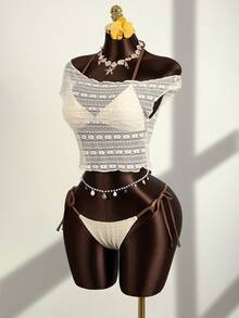 Zestiva 女士夏季沙滩三件套：蕾丝提花网纱三角系带上衣、侧边系带长裤、不对称网纱T恤、泳装套装 - 米色 - 查看 4