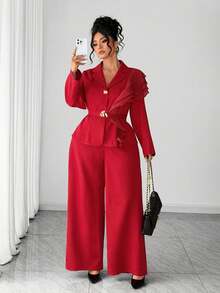 Elenzga 大码女士优雅3D立体花卉荷叶边套装，酒红色裤装外套，时尚通勤春夏两件套，适合毕业典礼、节日、情人节、音乐节、母亲节、万圣节、感恩节、复活节、国庆节、晚宴、约会、派对、婚礼、郊游等场合。 - 酒紅色 - 查看 5