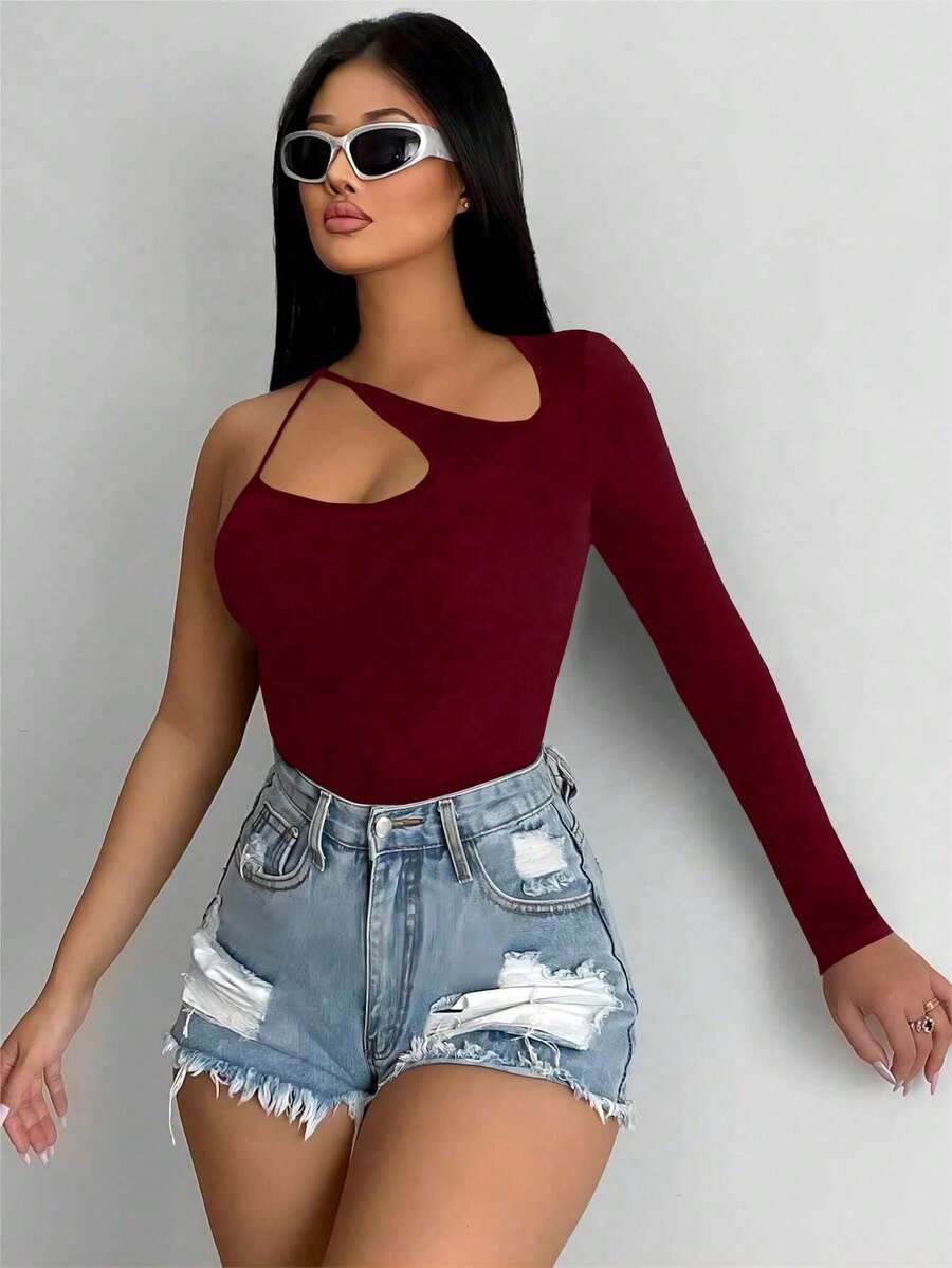 BamGleam Áo kiểu nữ thời trang, gợi cảm, màu trơn, bất đối xứng, khoét lỗ - Đỏ - Xem 1