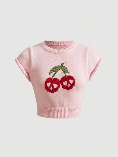 ROMWE Goth Chic Skull & Cherry Embroidered Cropped Short Sleeve Knit Top For Women, Autumn New Style