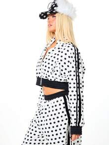 SUMWON WOMEN Sudadera corta y ancha con cremallera completa y estampado de lunares, con puños y cintura acanalados en contraste negro para uso casual diario - Blanco y Negro - Ver 6