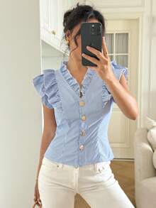 Elenzga V-Neck Cap Sleeve Ruffle Trim Striped Button Front Shirt - Multicolor - View 3