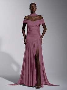 Elitara Elegant Pink Minimalist Off-Shoulder Ruched Asymmetric A-Line High Slit Dress, Suitable For Weddings, Formal Events, Galas, And Cocktail Parties - Dusty Pink - View 7