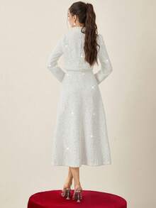 Opuloom Christmas Women's High-Quality Fabric Collared Shoulder Long Sleeve Shiny Knit Patchwork Straight Short Jacket Paired With A-Line Maxi Skirt, Elegant French Chic Casual Outfit For Daily Wear, Autumn/Winter - White - View 2