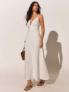 Poéselle White 100% Cotton Maxi Dress, Spaghetti Strap Cutout Summer Sundress, Casual Long Beach Holiday Outfit For Women,French Retro V-Neck Spaghetti Strap Dress,Summer,French-Style Dress,2026 New Arrival - White - View 6