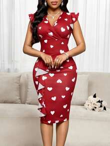 SHEIN Lady Women's Elegant Heart Print Wrap V-Neck Cap Sleeve Fitted Mini Dress Spring To Summer Valentine Dress Valentine's Day Valentine Clothes Resort Wear Women Beach Dresses Vacation Dress Holiday Red Dress Women Red Skirt Red Dress Summer Summer Clothes Summer Dress Spring Outfit Spring Spring Dress Elegant Dresses For Women Wedding Guest Dress Bridesmaid Dress Wedding Casual Dresses For Women Elegant Party Dresses - Burgundy - View 3
