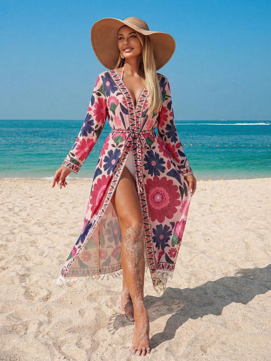 Swim Lushoire 女士印花和服罩衫，配可拆卸腰带，适合海滩、派对、度假等场合。 - 彩色 - 查看 1