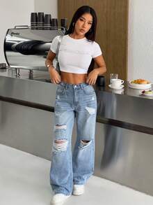 SHEIN PETITE Spring To Summer Women's Blue Jeans BlingBling Diamond Embellished Low-Rise Wide-Leg Pants Y2K Music Festival Outfit - Blue - View 6