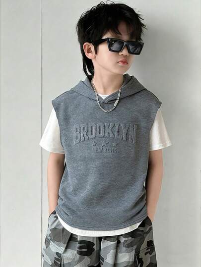 SHEIN 1pc Kids/Tween Boys' Casual Korean Style Letter Embossed Graphic Hoodie Sleeveless Top