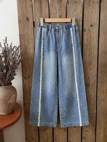 SHEIN Girls' Floral Trim Loose Wide Leg Blue Denim Pants - Light Wash - View 1