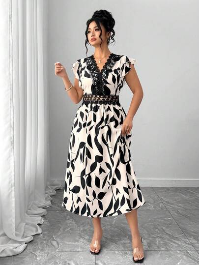 Elenzga Plus Size Women Elegant Contrast Lace Dress