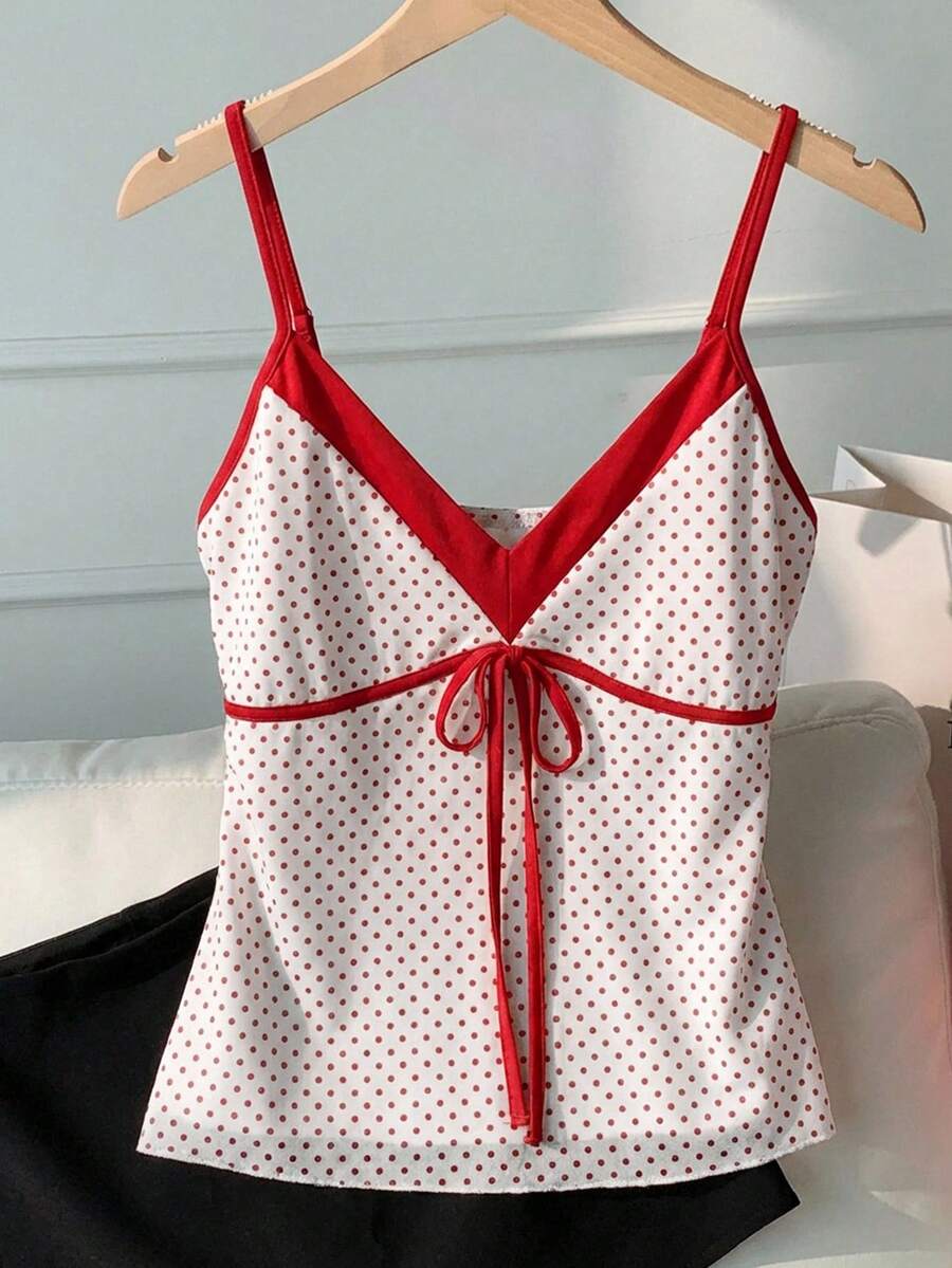 Comfortcana Áo hai dây buộc eo màu trắng phối chấm bi đỏ dành cho nữ, thích hợp cho mùa xuân/hè. - Nhiều màu - Xem 1