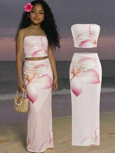 SHEIN Tween Girl Tie-Dye Floral Print Fitted Casual Comfortable Tank Top And Mini Skirt Set