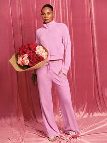 GLOWMODE SoftSerene Modal Contrast Piping Waist-Length Thumbholes Fitted Zip-Up Sweatshirt Daily Casual Wear Fall Winter - Pink - View 6