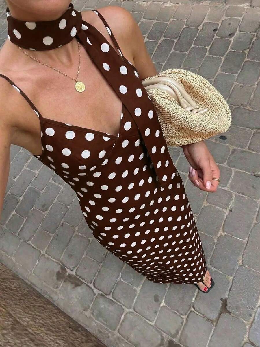 Pariaura 2026 New Arrival Women's Brown Polka Dot Long Dress, Sleeveless Cami Style With Scarf Collar, V Neck Zipper Closure, Casual Commute Minimalist Holiday Loose Midi Maxi Dresses For Ladies - Brown - View 1