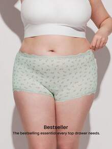 LUVLETTE Bộ 3 quần lót nữ cạp cao bằng cotton viền ren, kiểu quần đùi ngắn cơ bản - Họa tiết hoa, viền ren - Màu xanh lá cây - Nhiều màu - Xem 2