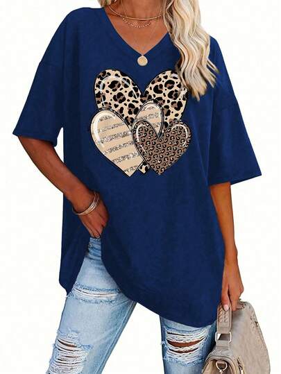 EMERY ROSE Plus Size Navy Blue V Neck Knitted Casual T-Shirt With Leopard Hearts Print Short Drop Shoulder Sleeves Graphic Oversized Tees Women Women's Oversized Tee Shirts Heart Shirt Women T Shirts Oversized