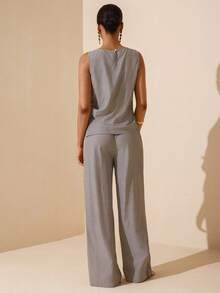 Vesra Bộ 2 món áo và quần cotton không tay dành cho nữ - Xám - Xem 2