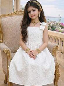 SHEIN 少女春夏休闲优雅3D蝴蝶结装饰A字提花无袖连衣裙，白色，适合婚礼、情人节、派对、公主风等场合 - 白色 - 查看 4