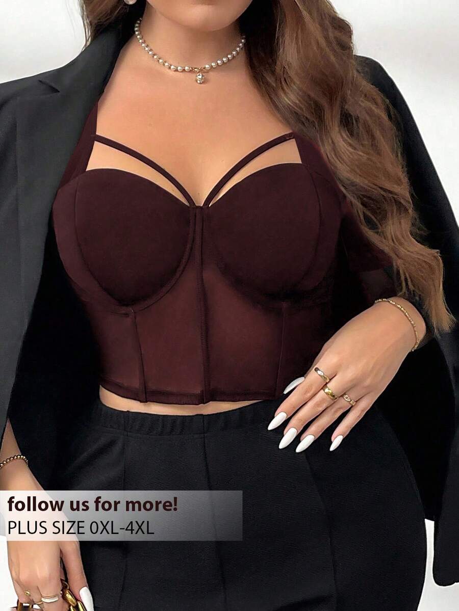 Firerie Elegantes, hochwertiges Top in Große Größen für den Arbeitsweg, Nachmittags-Tee, leicht sexy für Dates, Musikkonzerte und Partys. Schwarzes Mesh-Design mit Spitze und Schnürung. Geeignet für Urlaub, Neujahr, Partys und elegante Büro-Looks. - Kaffeebraun - Übersicht 1