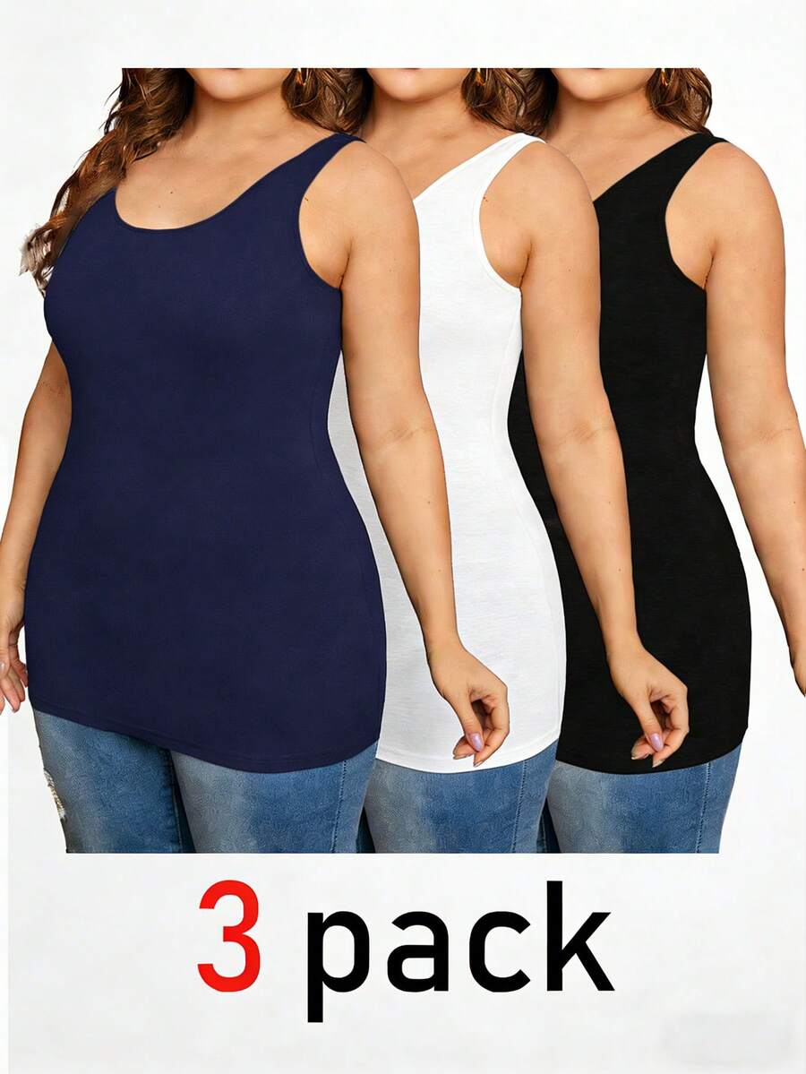SHEIN Essnce paquete de 3 chalecos básicos largos de moda casual y cómodos para mujer de talla grande, para otoño, top curvilíneo, top sin mangas, para verano - Multicolor - Ver 1