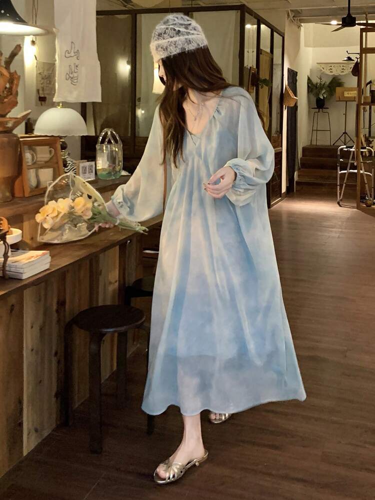 Women's Elegant V-Neck Batwing Sleeve Dress, Two Pieces Set With Slip Dress Maxi Dress Sundress