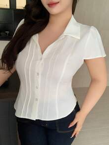 REIGN AVE Plus Size Solid Color Button-Down Collar Shirt, Suitable For Everyday Wear Summer - White - View 5