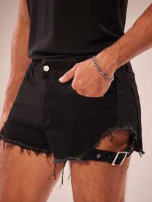 FeverCity Men's Distressed Pocket Denim Washed Elastic Loose Shorts - Black - View 2
