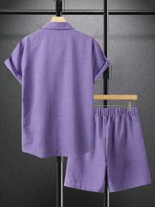 Manfinity RSRT Men's 2 Piece Summer Casual Vacation Set,Solid Color Linen Short Sleeve Front Button Shirt And Shorts Coords,Deep Purple Lavender Outfit For Holiday - Purple - View 2