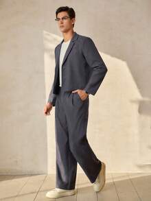 RONVEXI Conjunto de terno masculino casual de duas peças, composto por blazer de manga comprida e calça reta, em tecido plano. Ideal para casamentos e ocasiões casuais. Conjunto coordenado masculino cinza. - Cinza escuro - Ver 4