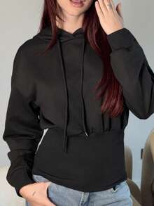 Abrilcols 女式棕色连帽束腰长袖运动衫，秋冬款 - 黑色 - 查看 5