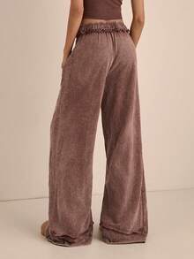 Easelle Dark Brown Solid Color Drawstring Waist Loose Casual Pants, Washed Long Pants With Snowflake Pattern - Brown - View 2