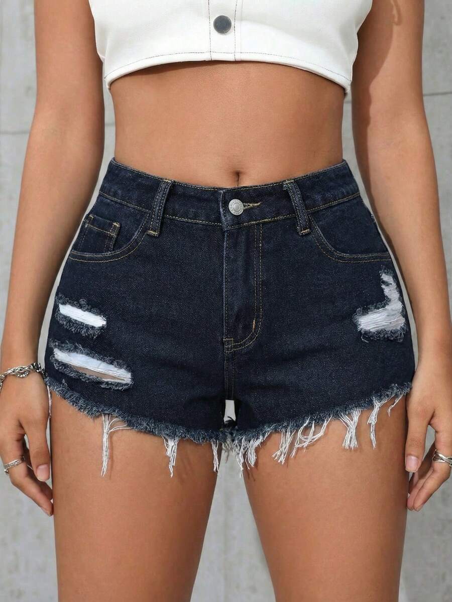 SHEIN PETITE Frayed Ripped Fashion Summer Denim Shorts With Belt Loops - Dark Wash - View 1