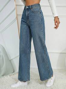 Flexra Pantalones vaqueros rectos de unicolor, sueltos y casuales con presillas para cinturón - Azul lavado medio - Ver 4