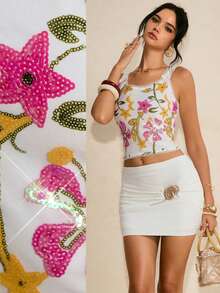 Poéselle 女士假日花卉亮片蕾丝边短款上衣 - 彩色 - 查看 3