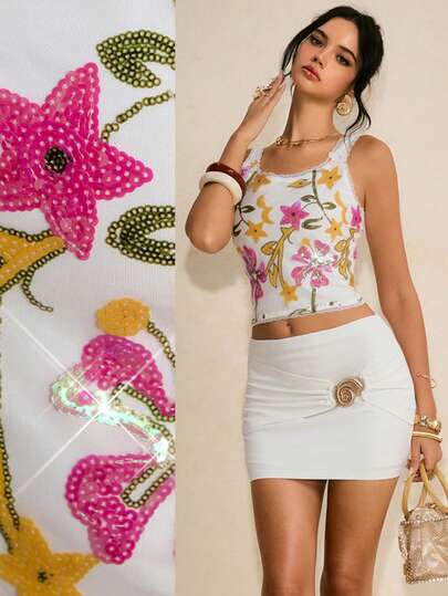 Poéselle Blusa corta con encaje y lentejuelas con estampado floral para vacaciones