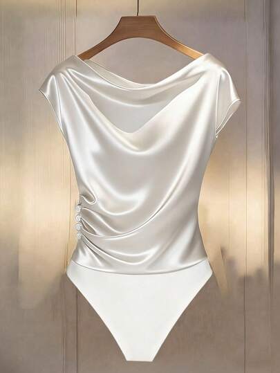 SHEIN Franclia Shiny Elastic Decorative Button Elegant Sexy Bodysuit For Women White Swimsuit Summer Outfits Party Outfit Beach Outfits Going Out Top Elegant Women's Blouses Summer Holiday Outfits Casual Blouses For Women Vacation Outfits Women White Satin Top White Elegant Top White Bodysuit Women Women Tops Elegant Draped Top