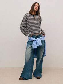 Nöista 休闲条纹亨利领上衣，宽松版型。适合春假、日常穿着、叠穿，舒适百搭，是春假造型、生日装扮、优雅造型以及从白天到夜晚的季节性穿搭的理想之选。 - 灰色 - 查看 5