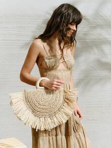 SHECARRY Tassel Teenagers Handbag, Wicker Bag - Off-white - View 6