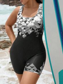 Swim SPRTY 大码女式印花拼接镂空露背连体泳衣，适合海滩、冲浪、运动 - 黑與白 - 查看 6