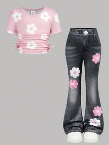 2件組女童夏季可愛粉色花卉印花針織T恤+丹寧效果喇叭褲休閒套裝，時尚百搭，適合兒童度假與日常穿著 - 粉色 - 查看 11
