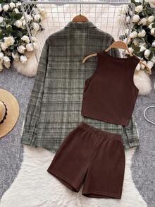 Franclia Plus Size Women 3-Piece Set: Casual Elegant Plaid Shirt + Vest + Cycling Shorts - Multicolor - View 2