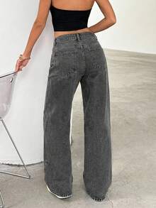 SHEIN Cottnline Women's Loose Casual Everyday Versatile Jeans With Pockets And Buttons - Light Grey - View 2