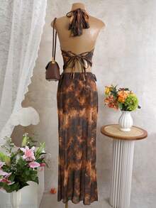 Swim SXY Women's New Printed Shell Metal Buckle Halter Bikini & Beach Maxi Dress Swimwear Set, Spring/Summer - Brown - View 6