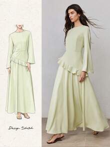 ZEYLAH Bell Sleeve Fitted Waist Flared Dress, Spring - Olive Green - View 8