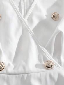 GlowEve Sleeveless Blazer Collar Pearl Button Waist A-Line Mini Dress, Elegant Chic Slimming Mature Style Little Black Dress - White - View 6